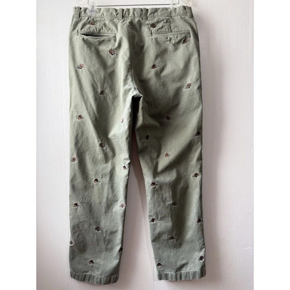 VTG J.Crew Critter Chinos Mens (34X32Tag) Beaver Embroidery Olive Green Rare
